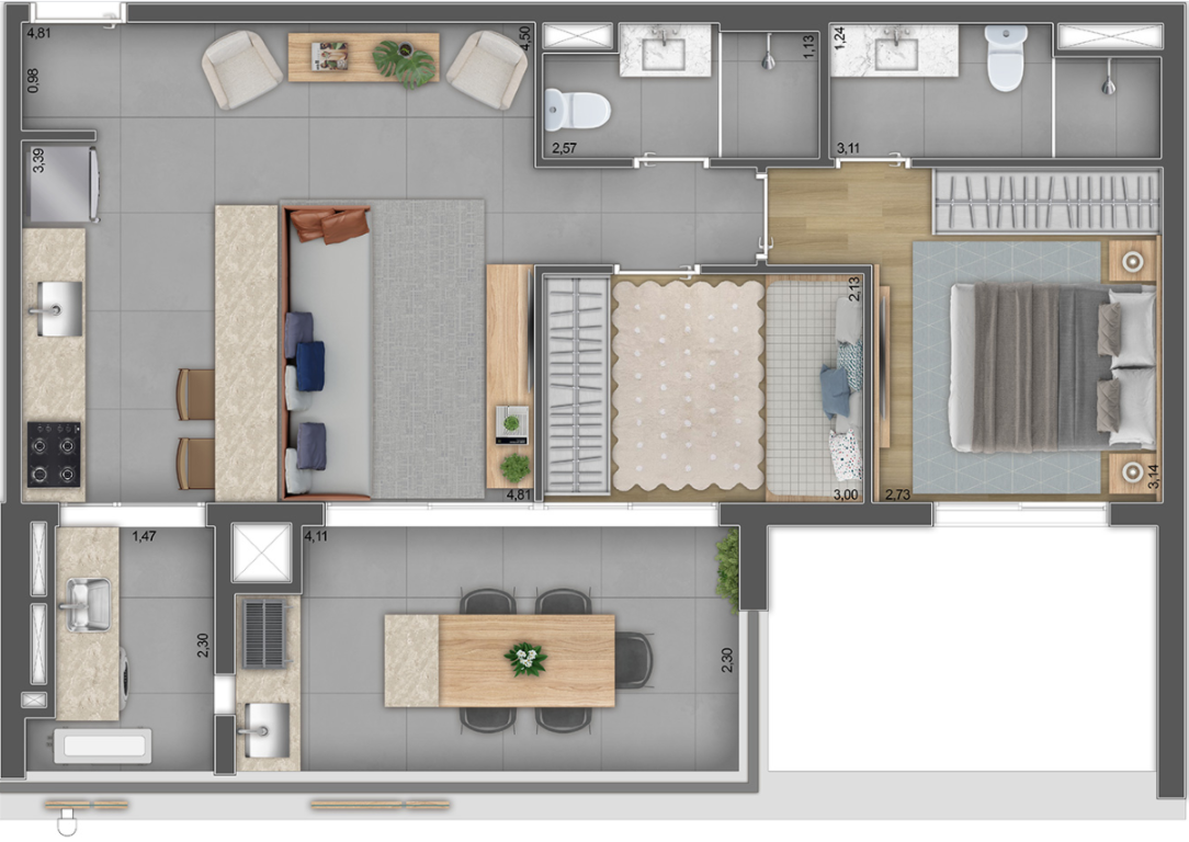 Planta 01 - 2 dorm 71m²