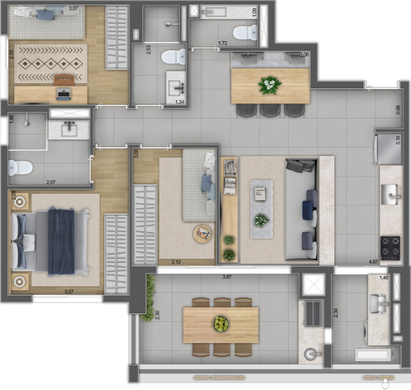 Planta 03 - 3 dorm 85m²