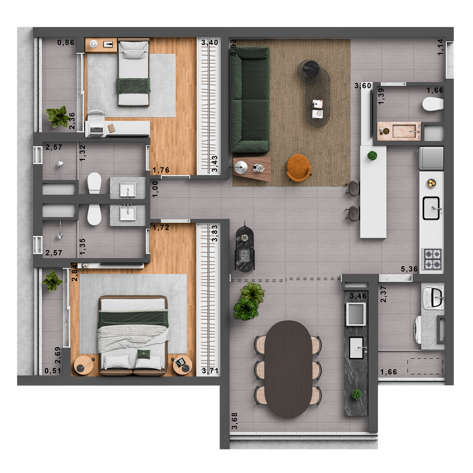 Planta 02 - 2 dorm 96m²