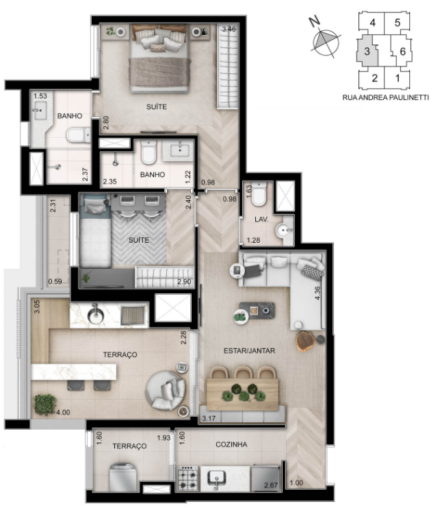 Planta 01 - 2 dorm 76m²