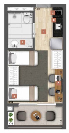 Planta 01 - 1 dorm 27 88m² - studio