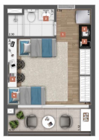 Planta 03 - 1 dorm 28 97m² - studio