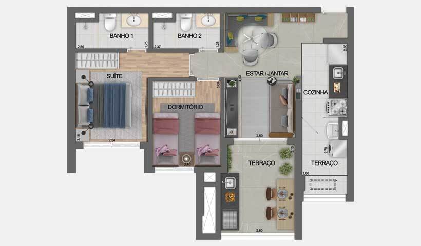 Planta 01 - 2 dorm 64m²