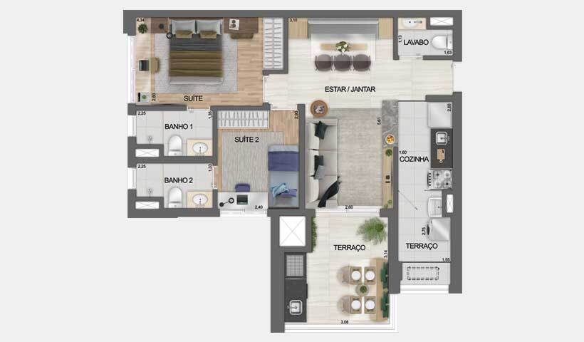 Planta 02 - 2 dorm  73m²