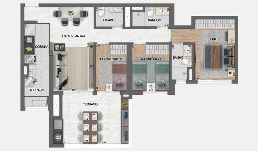 Planta 03 - 3 dorm 91m²