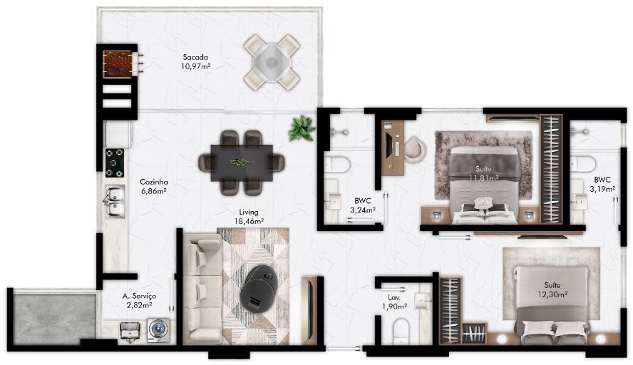 Planta 01 - 2 dorm 90 36m²