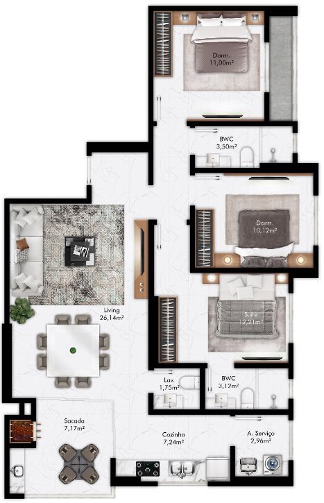 Planta 02 - 3 dorm 103 17m²