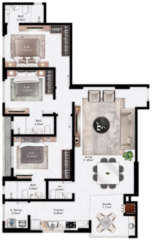 Planta 03 - 3 dorm 118 63m²