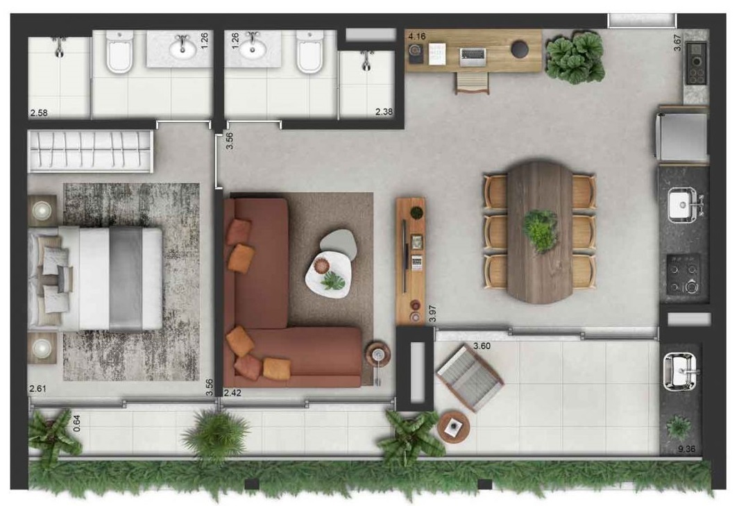 Planta 02 - 1 dorm 63m²