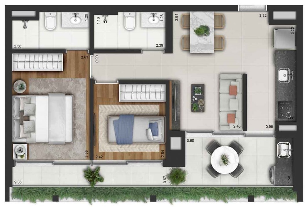 Planta 03 - 2 dorm 63m²