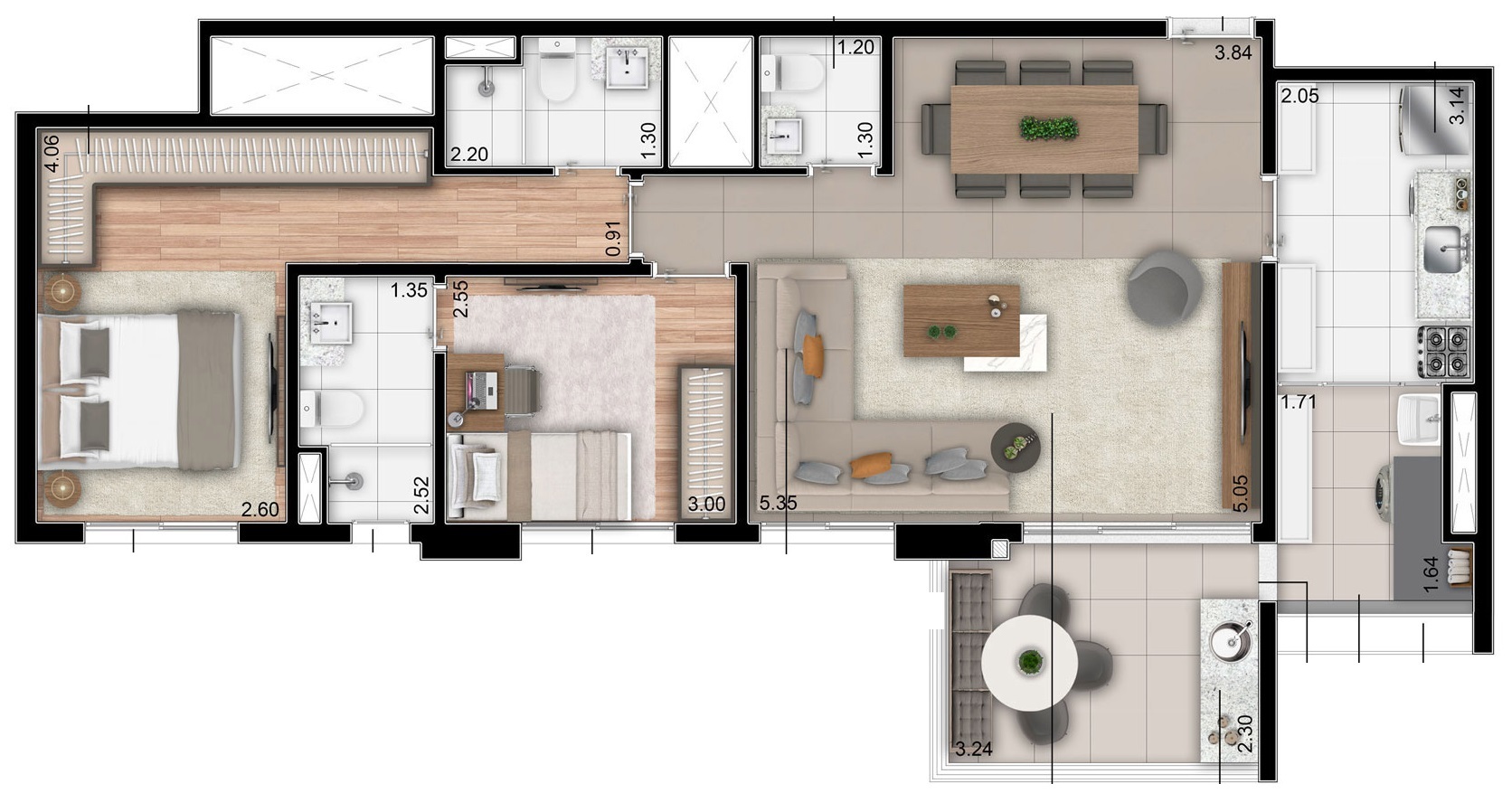 Planta 01 - 2 dorm 88m²
