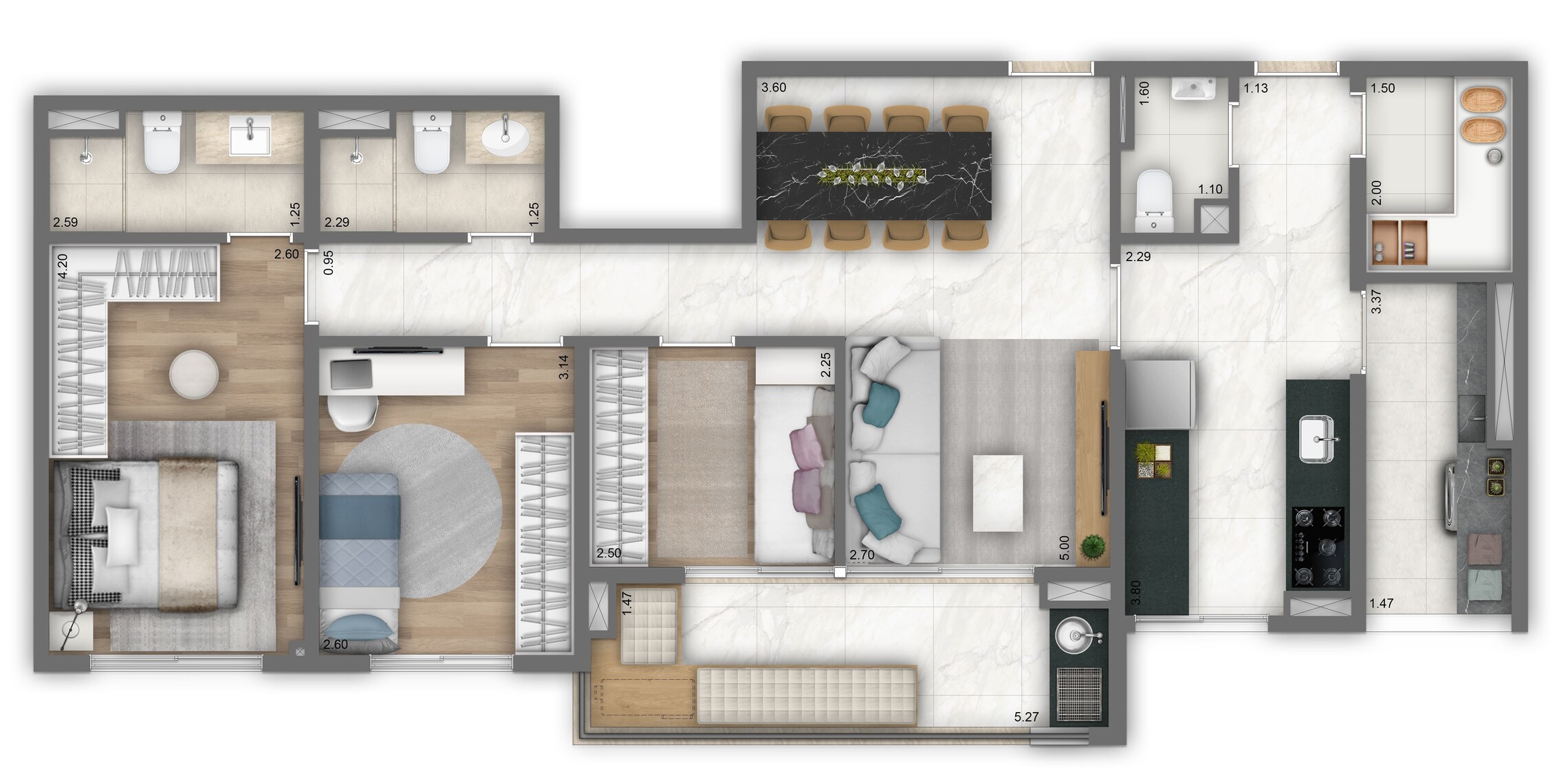 Planta 01 - 3 dorm 90m²