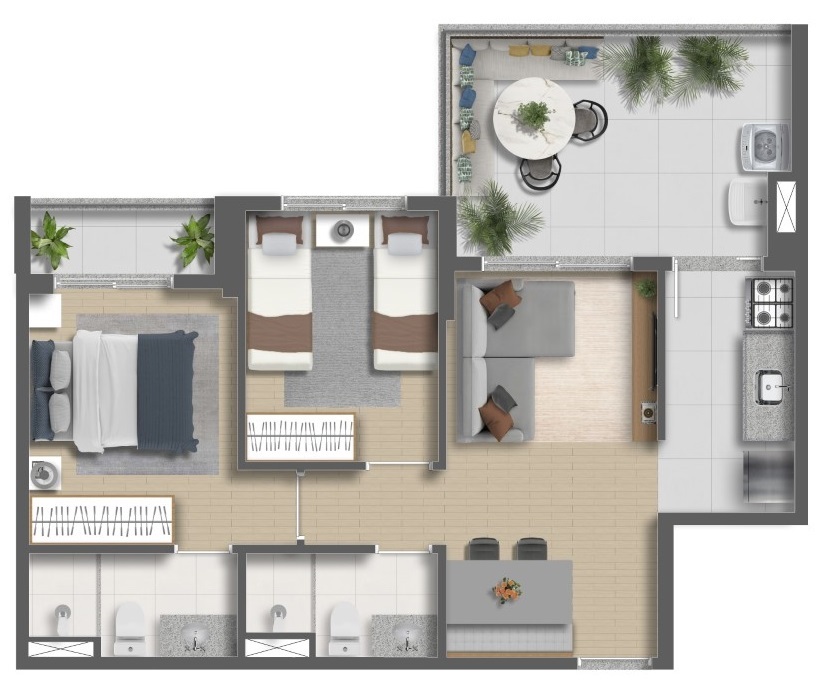 Planta 01 - 2 dorm 57 84m²