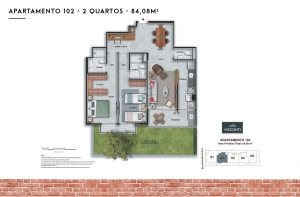 Planta 04 - 2 dorm 84 08m² - garden
