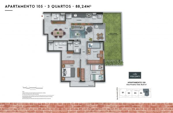 Planta 08 - 3 dorm 88 24m² - garden