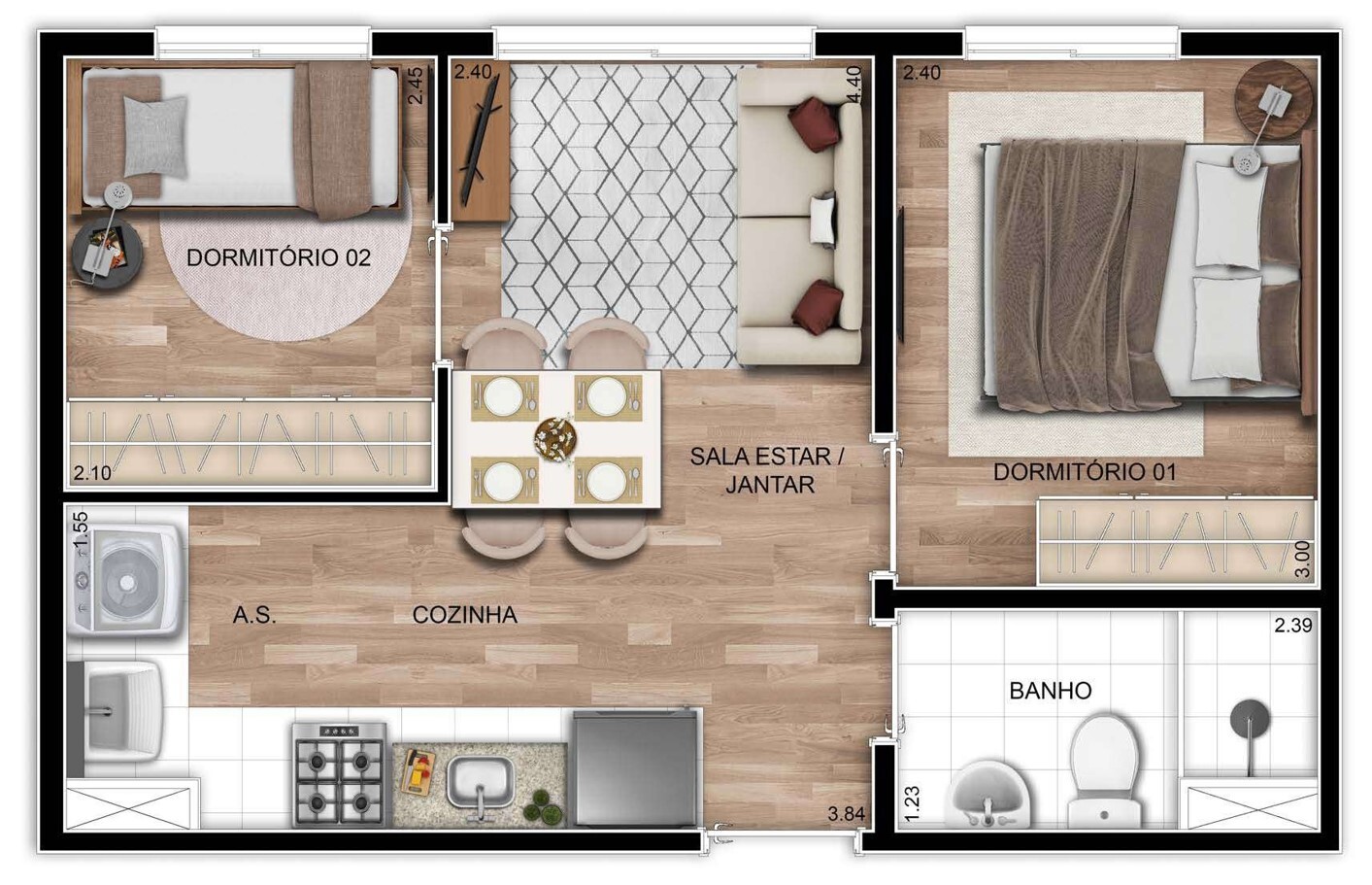 Planta 01 - 2 dorm 34m²