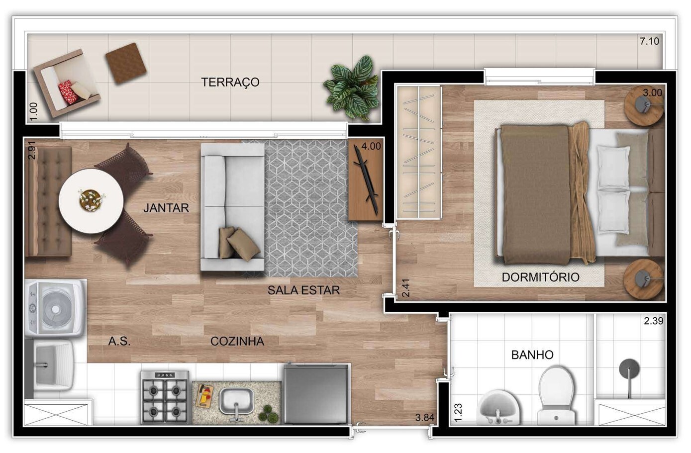 Planta 02 - 1 dorm 34m²