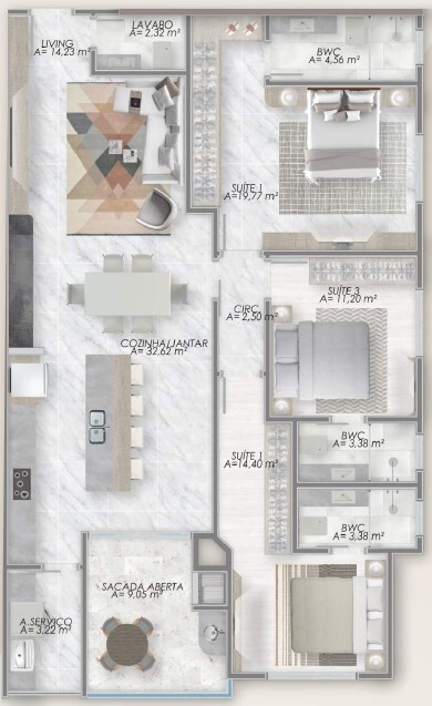 Planta 01 - 3 dorm 137 62m²