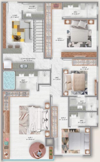 Planta 02 - 3 dorm 137 62m² - duplex inferior