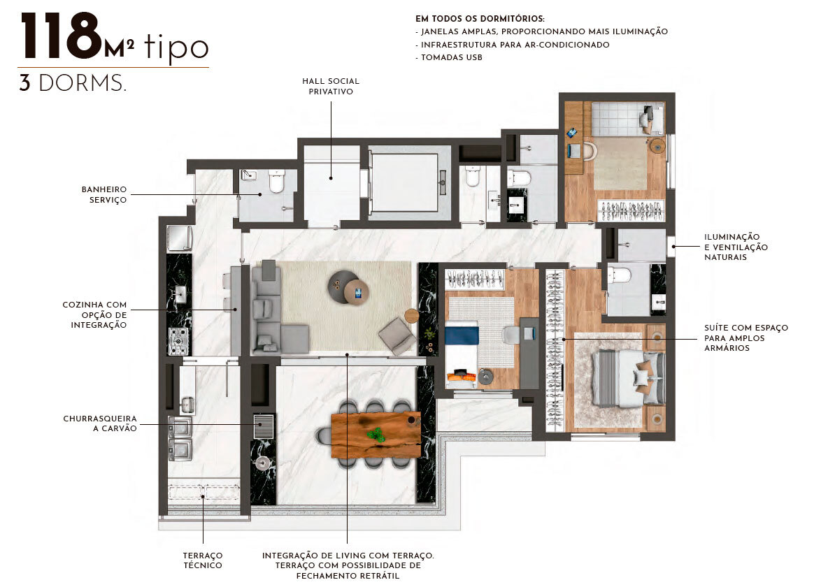 Planta 01 - 3 dorm 118m²