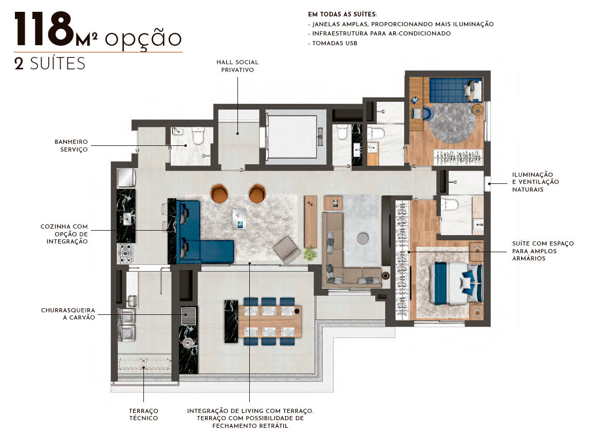 Planta 02 - 2 dorm 118m² - opção