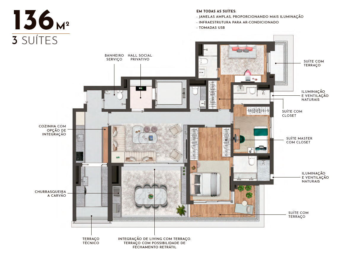 Planta 03 - 3 dorm 136m²