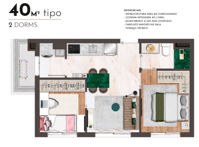 Planta 03 - 2 dorm 40m²