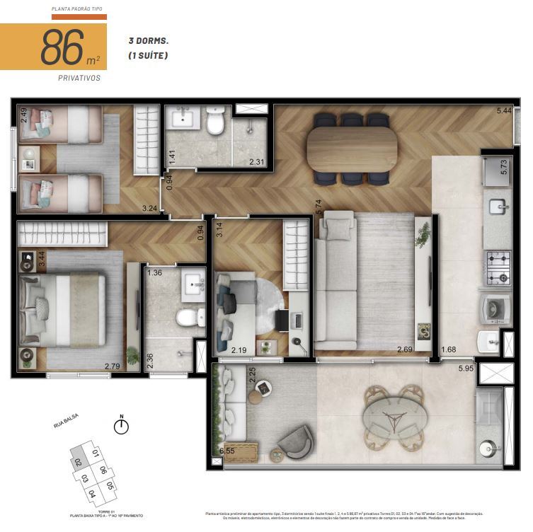 Planta 02 - 3 dorm 86m²
