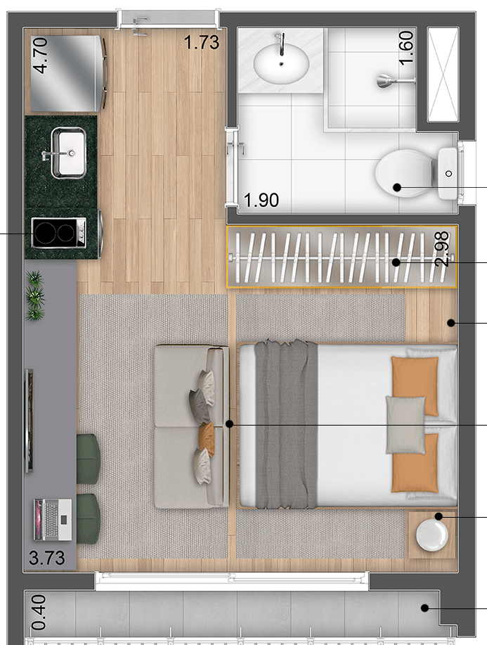 Planta 01 - 1 dorm 19m² - studio