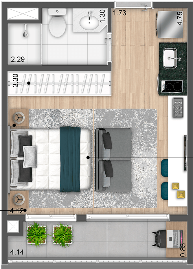 Planta 02 - 1 dorm 25m² - studio
