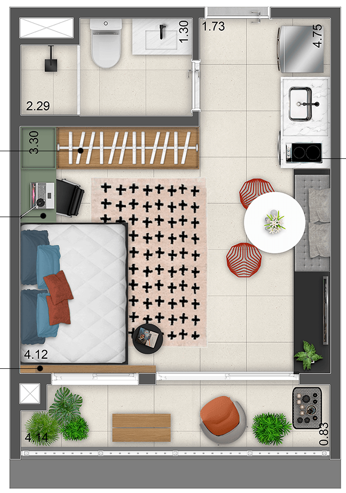 Planta 03 - 1 dorm 34m² - studio