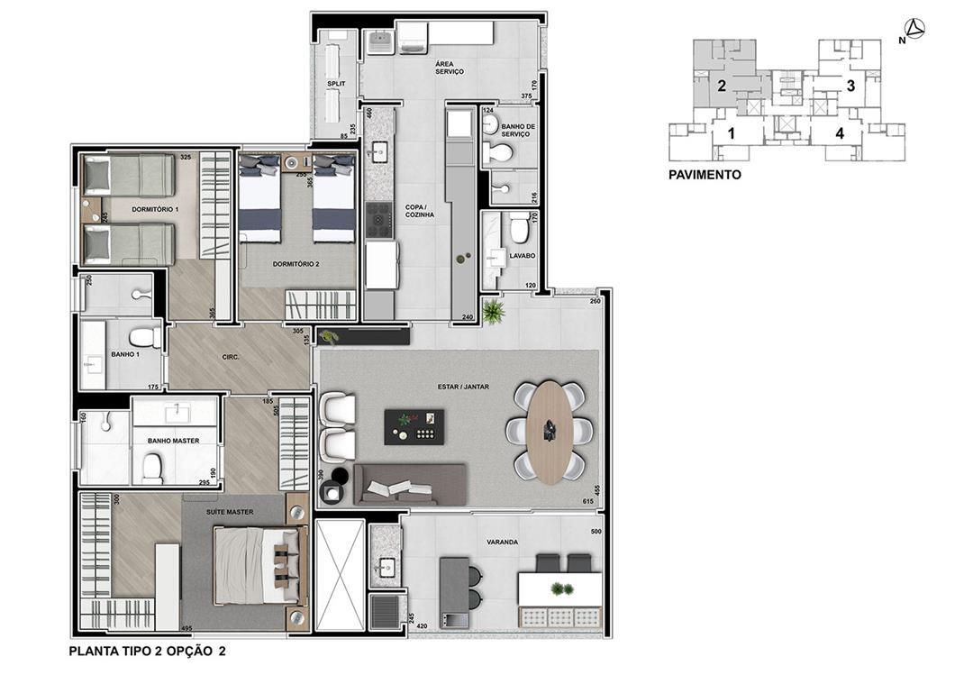 Planta 02 - 3 dorm 131m² - opção 2