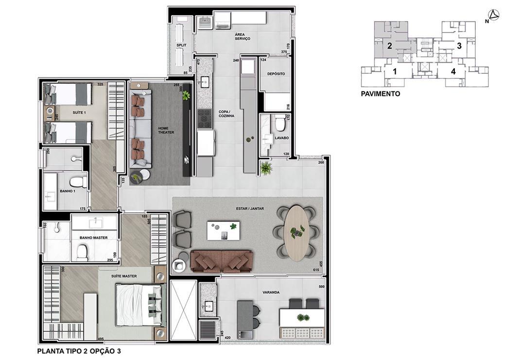 Planta 03 - 2 dorm 131m² - opção 3