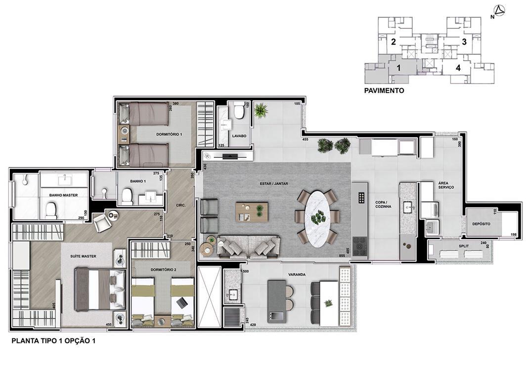 Planta 04 - 3 dorm 135m² - opção 1