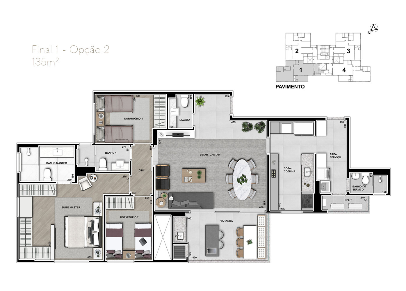Planta 05 - 3 dorm 135m² - opção 2