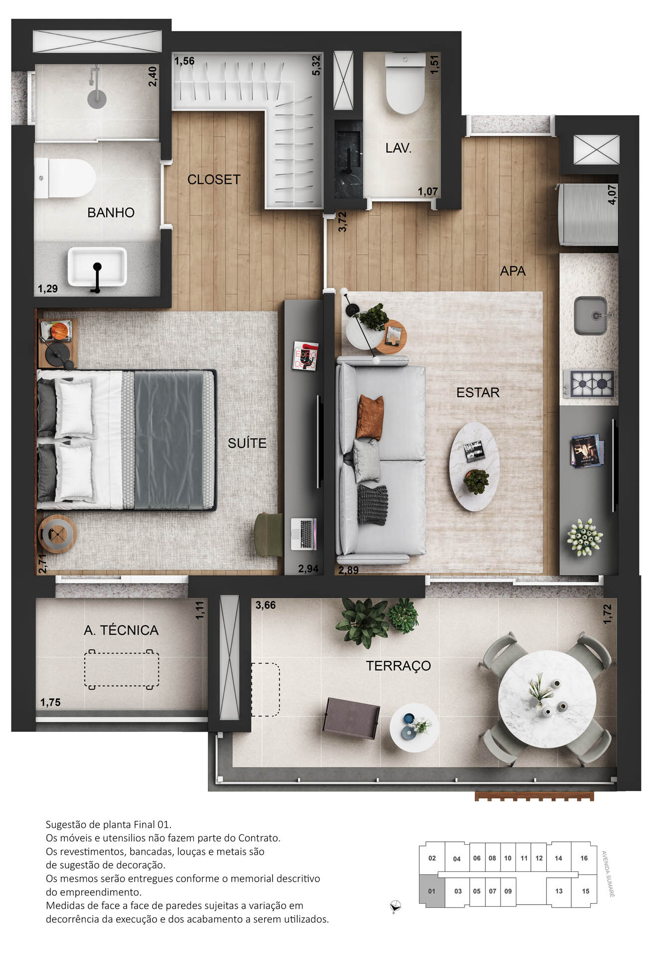 Planta 02 - 1 dorm 45m²