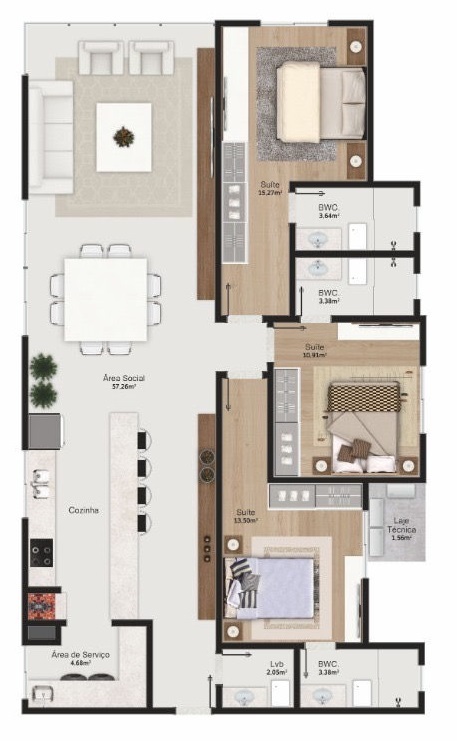 Planta 01 - 3 dorm 126 85m²