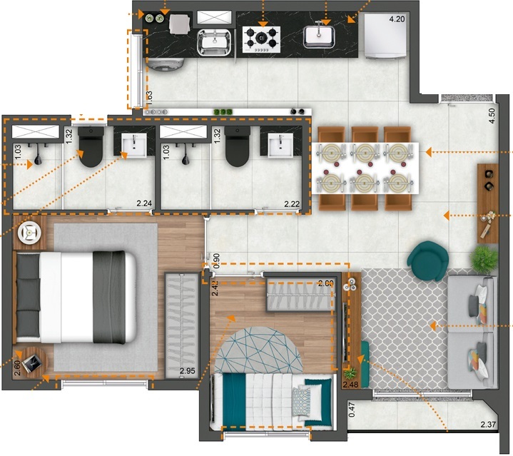 Planta 04 - 2 dorm 45 53m²