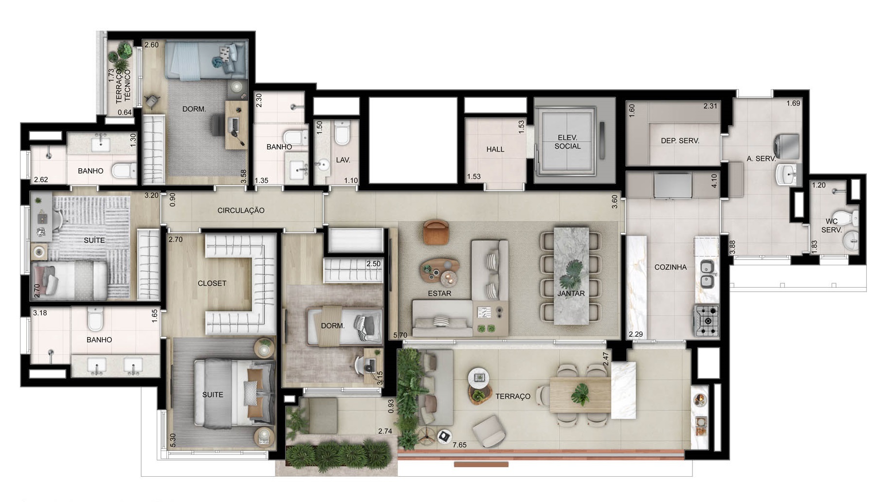 Planta 04 - 4 dorm 157m² - opção 3