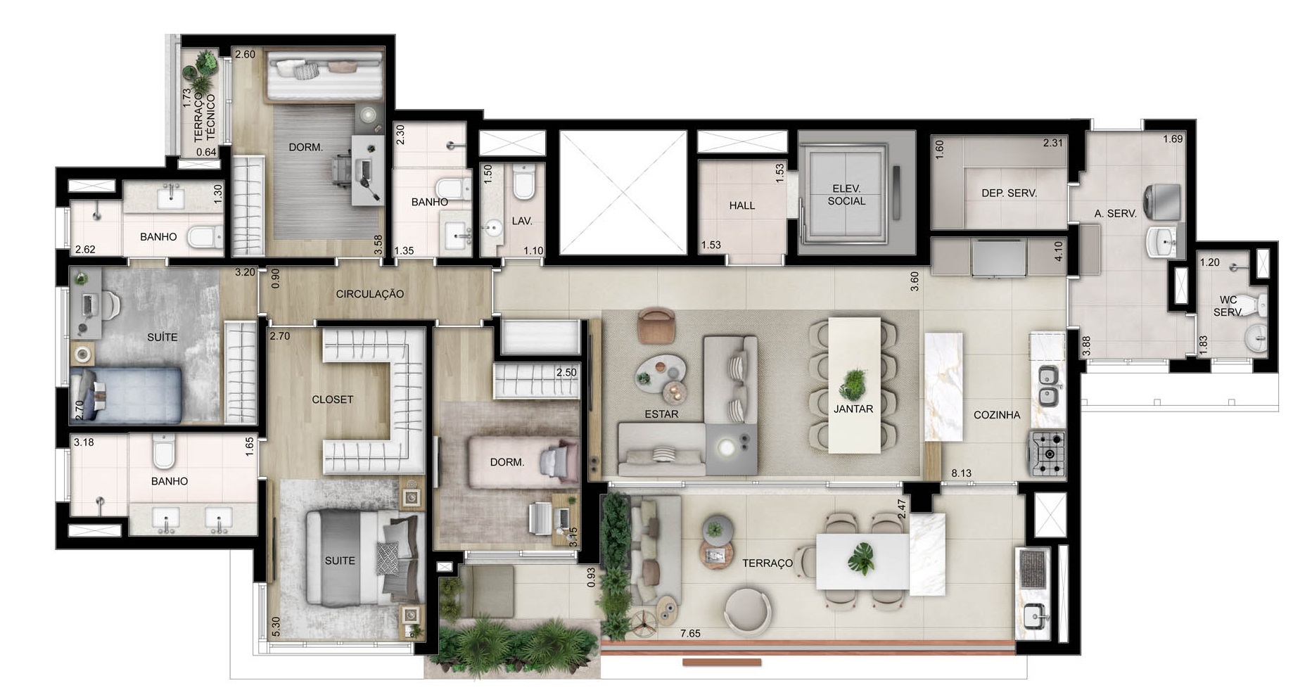 Planta 05 - 4 dorm 157m² - opção 4