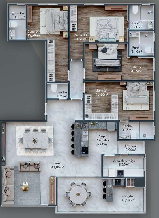 Planta 02 - 4 dorm 169 50m²