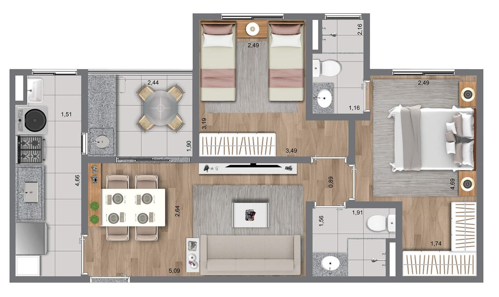 Planta 01 - 2 dorm 59m²