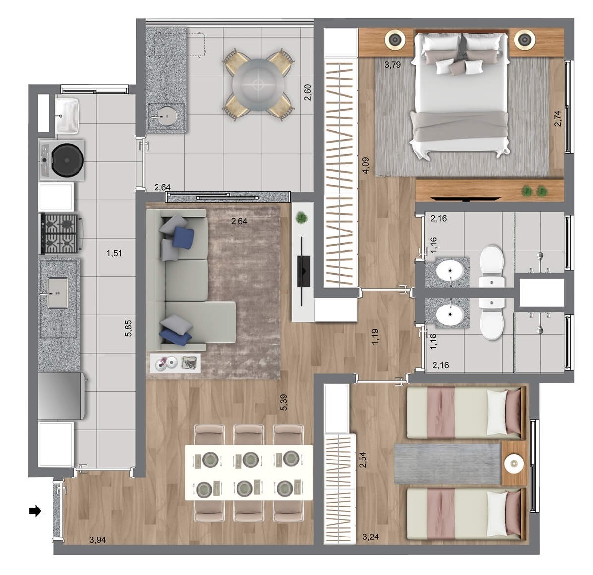 Planta 02 - 2 dorm 67m²