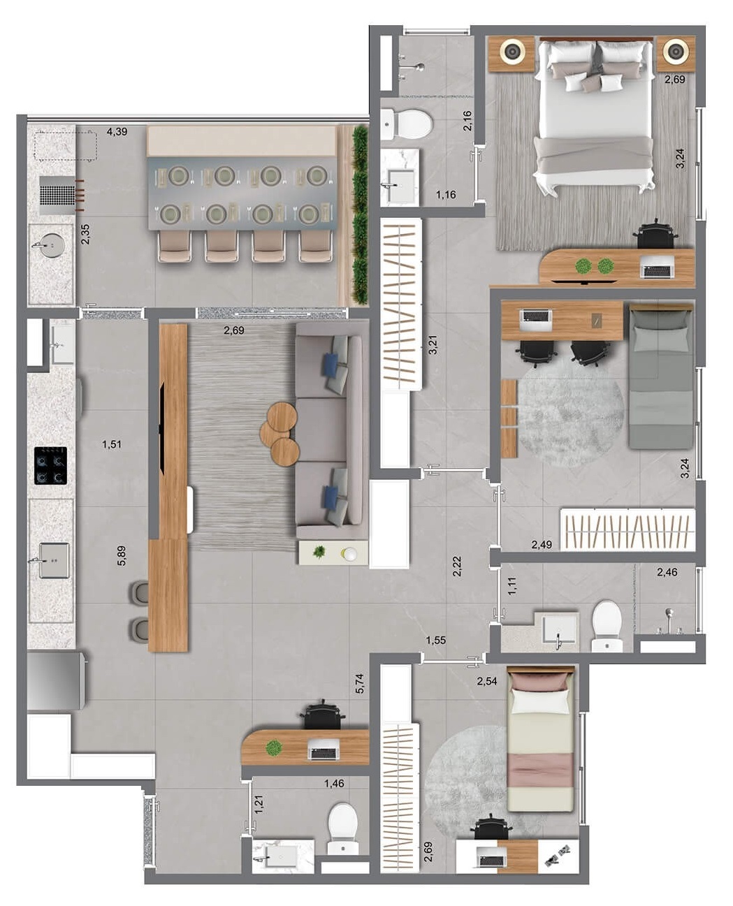 Planta 03 - 3 dorm 85m²