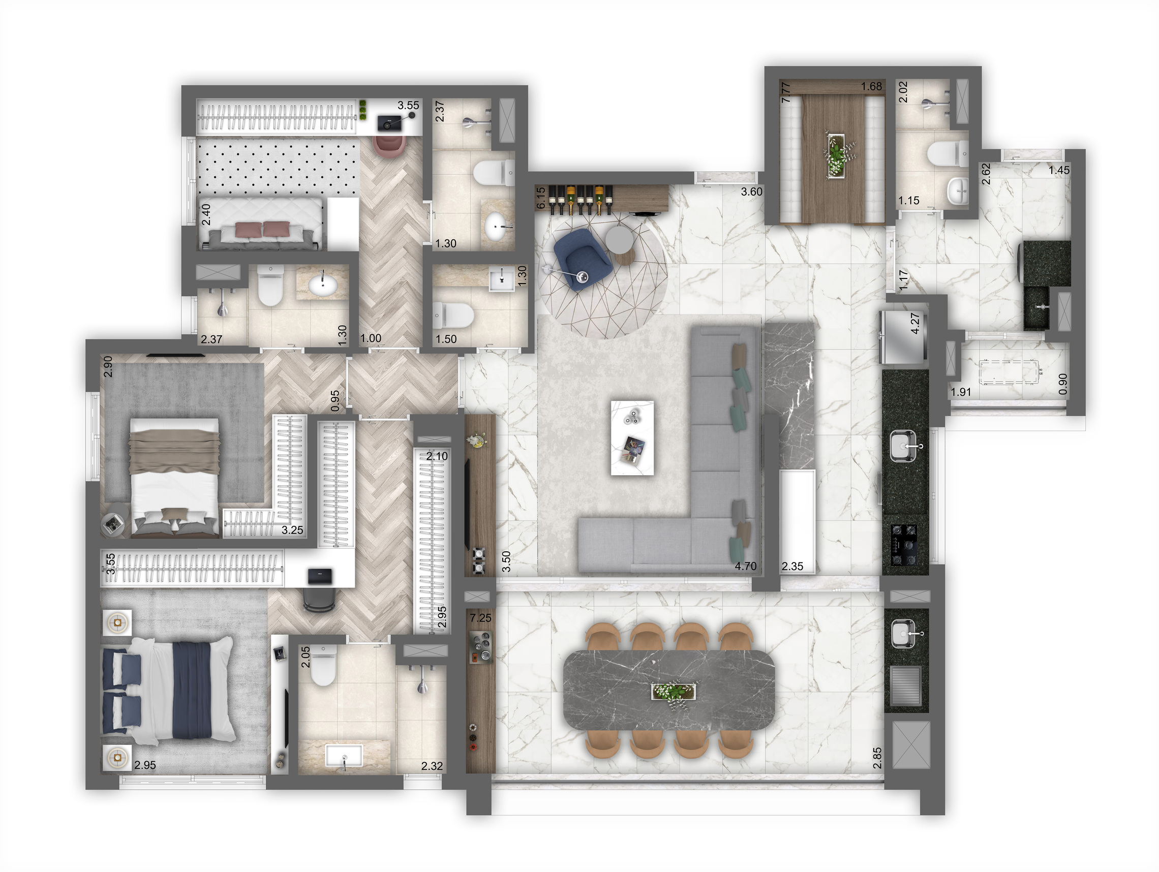 Planta 03 - 3 dorm 145m²