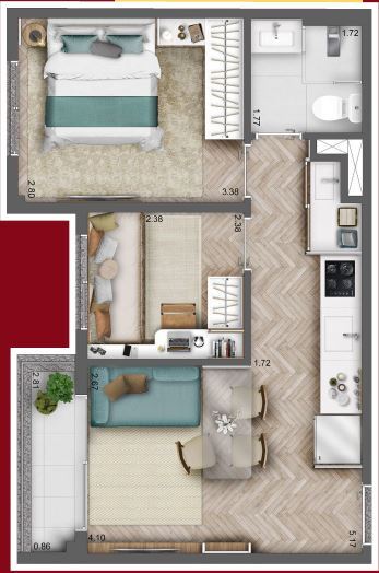 Planta 02 - 2 dorm 39m²