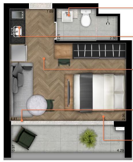 Planta 01 - 1 dorm 22 28m² - studio