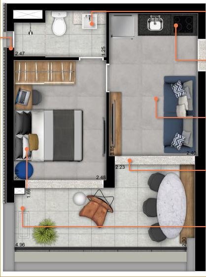 Planta 02 - 1 dorm 32 38m²