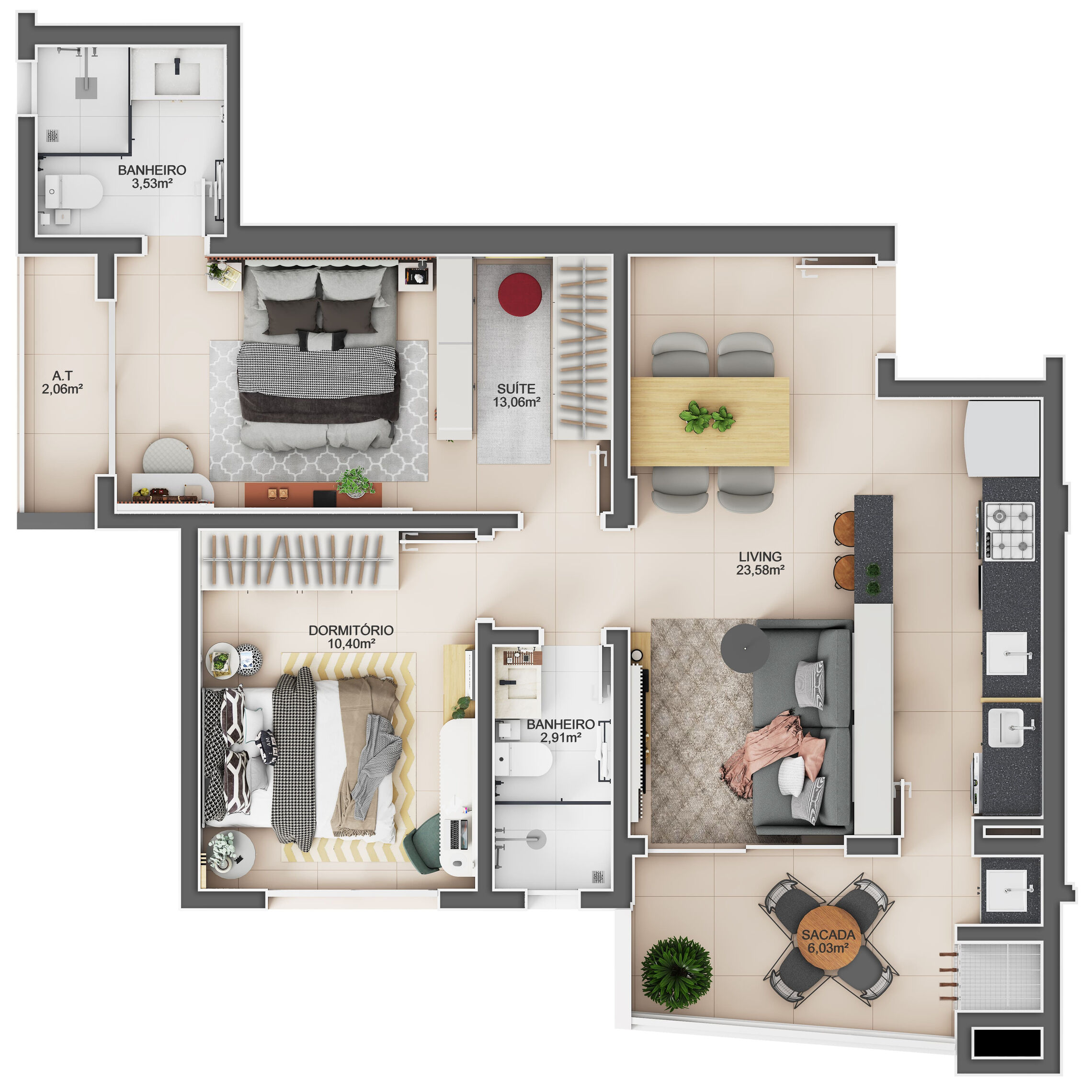 Planta 01 - 2 dorm 74 22m²
