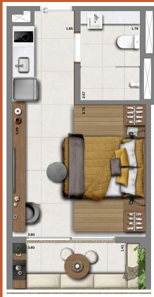 Planta 01 - 1 dorm 30m² - studio